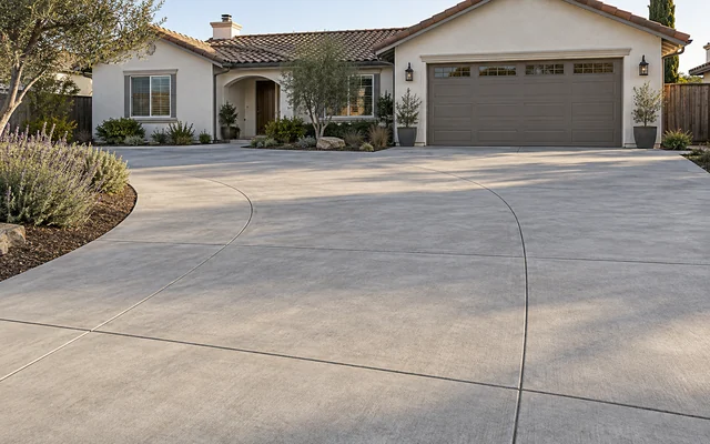 Illustrative concrete driveway outside a cream single-story Ranch-style home