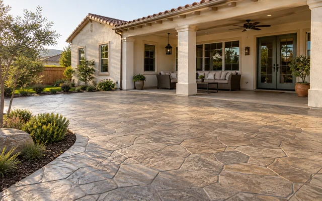 Illustrative stamped-concrete patio beside a cream house with a covered porch