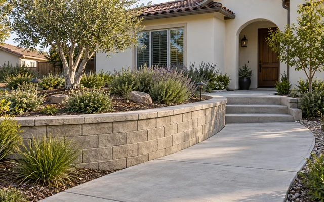 Illustrative curved concrete-block retaining wall beside a walkway and entry steps